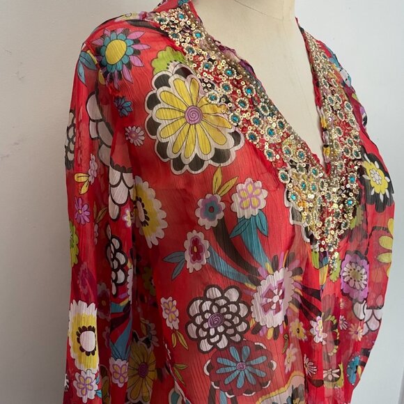 Boho Floral Sheer Tunic Dress with Sequin Beaded Neckline - Picture 10 of 13